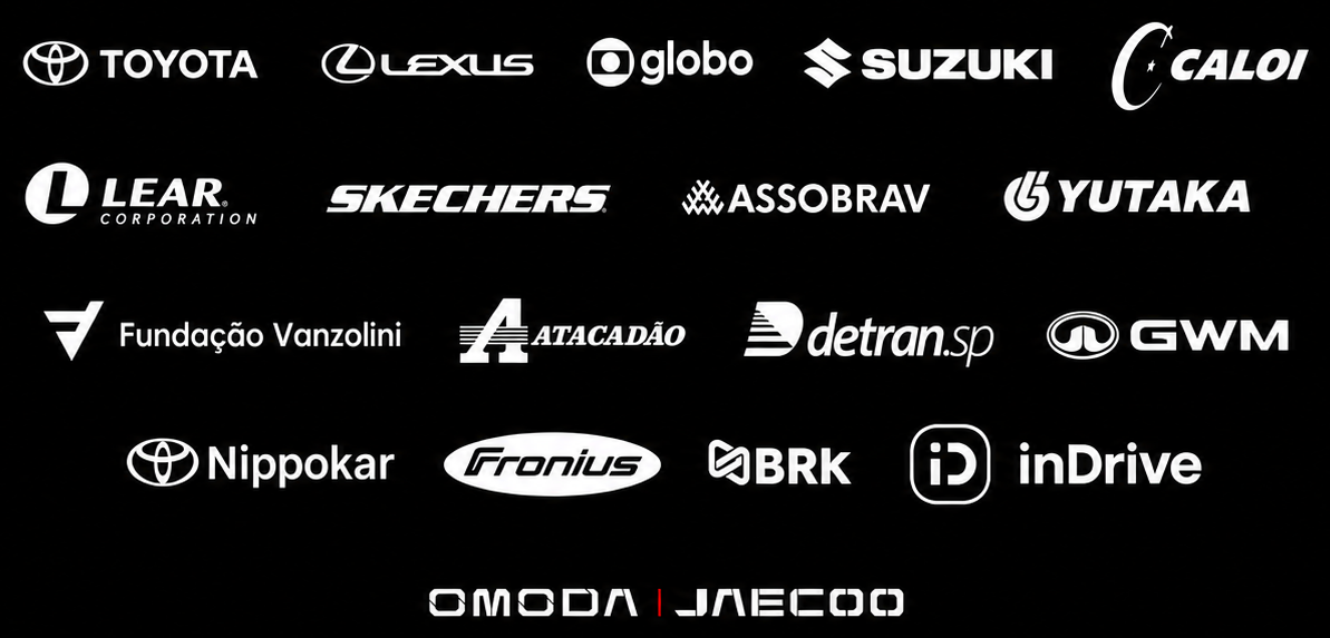 Toyota, Lexus, Globo, Suzuki, Caloi, Lear, Skechers, Assobrav, Yutaka, Fundação Vanzolini, Atacadão, Detran SP, GWM, Nippokar, Fronius, BRK, inDrive, Omoda e Jaecoo